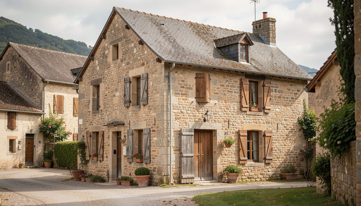 A traditional stone house with a slate roof and wooden shutters in a Rouergue village.