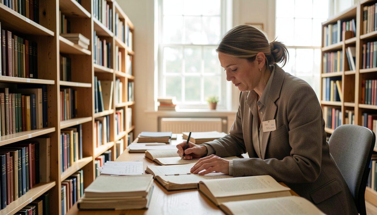 A researcher examining old documents in a bright archive reading room.