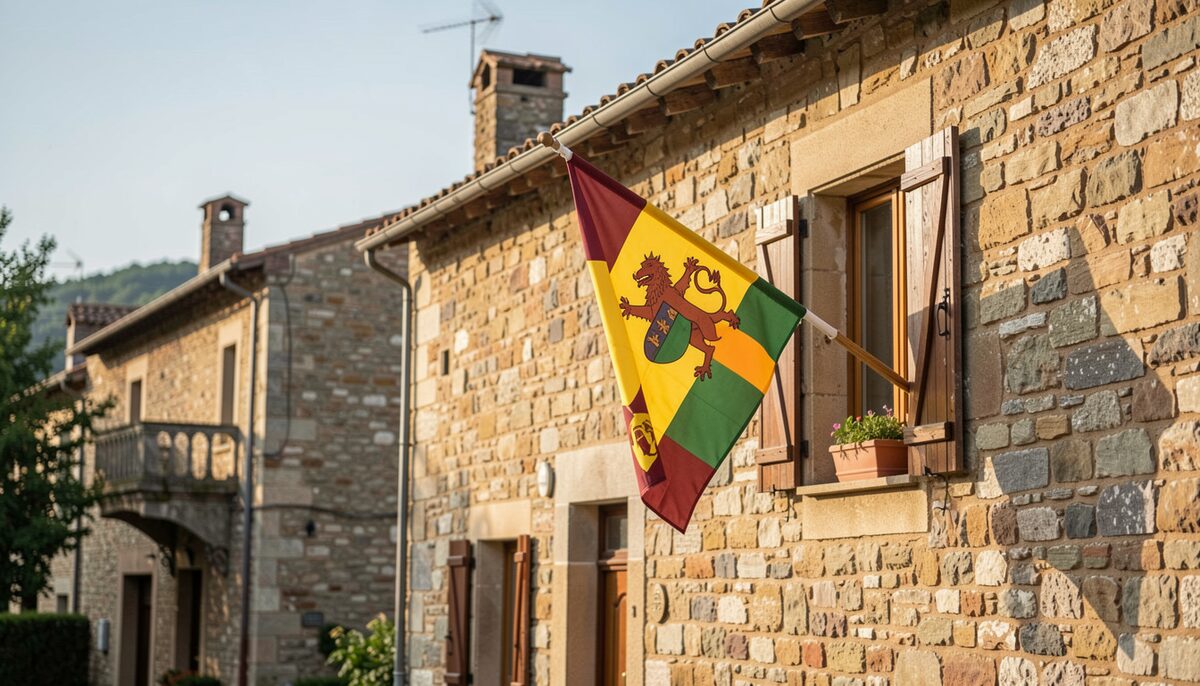 A stone village in the Rouergue with an Occitan flag flying from a window, under a clear sky.