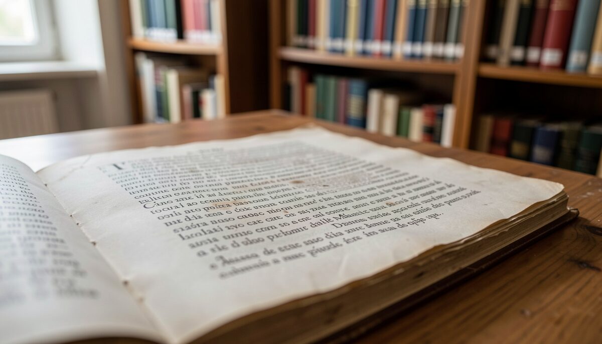 A close-up of an old manuscript page with Occitan text, lying on a wooden table in a library.