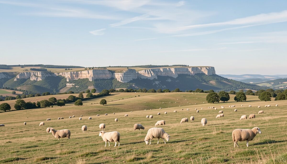 A panoramic view of the Grands Causses plateau with sheep grazing under a wide sky.