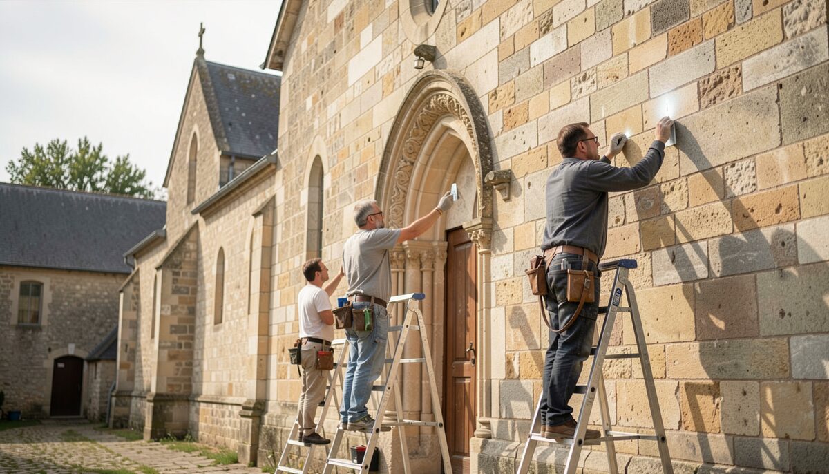 A team of restorers working on the facade of a historic chapel in the Rouergue.