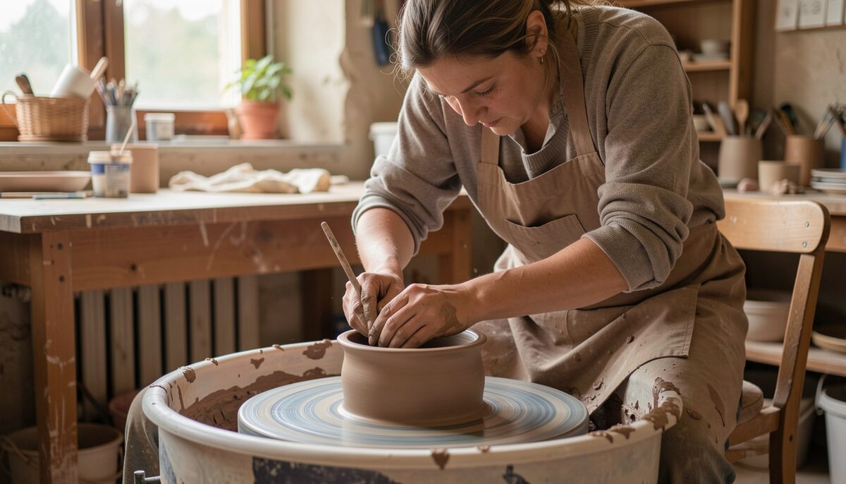 An artisan potter shaping clay on a wheel in a workshop in the Rouergue.