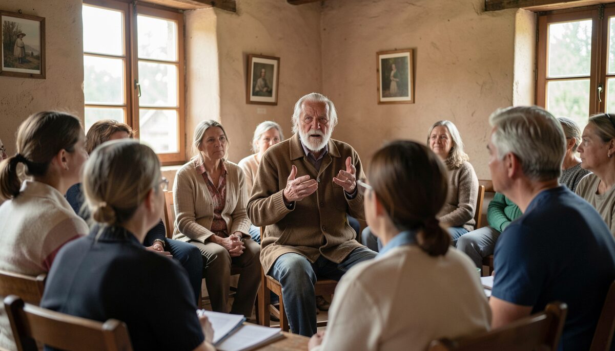 An elderly storyteller speaking to a small group of listeners in a village hall.