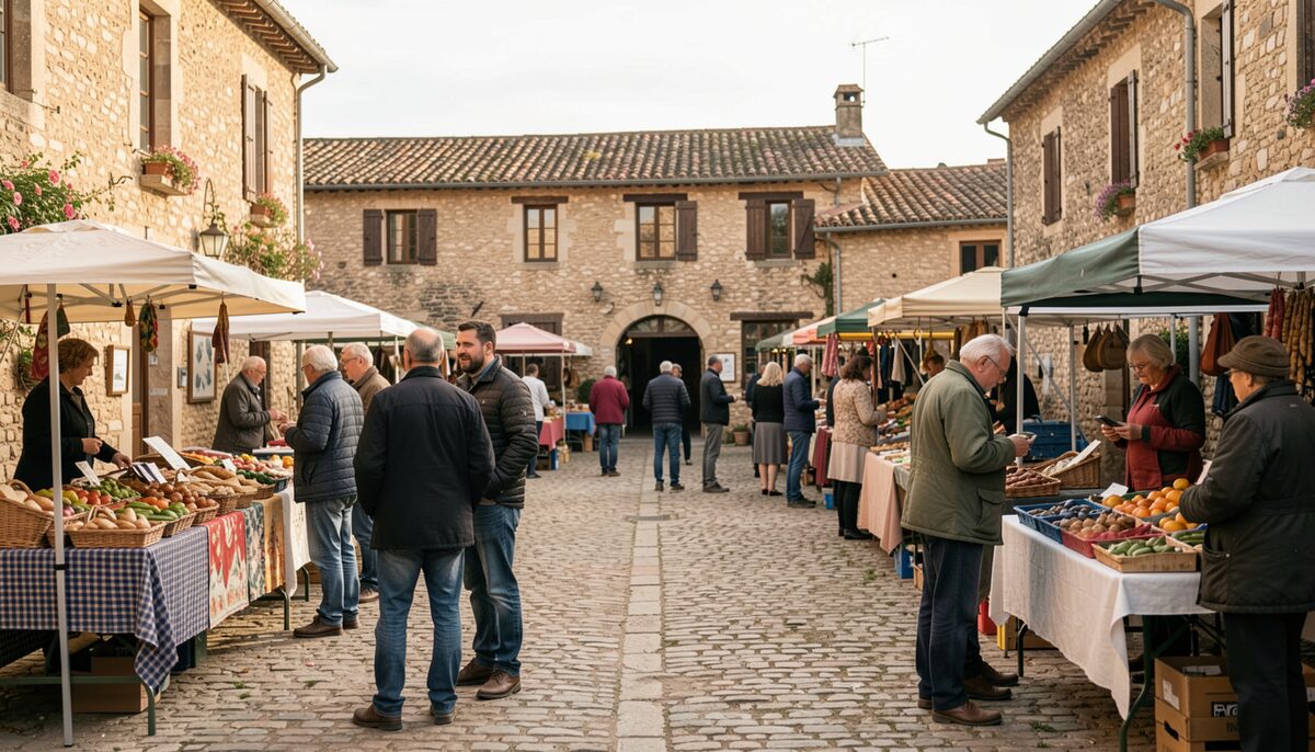 A village square in the Rouergue with a weekly market, people chatting near stalls.